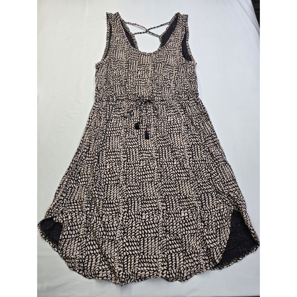 Lucky Brand Boho Dress Womens Black Cream Print Tassel‎ Strappy Bac